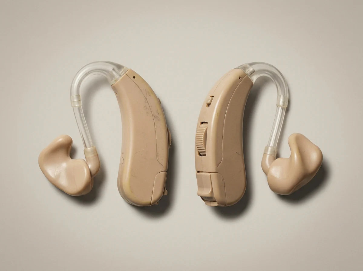 A pair of large, beige behind-the-ear aids on a neutral background — the traditional "old person's device."