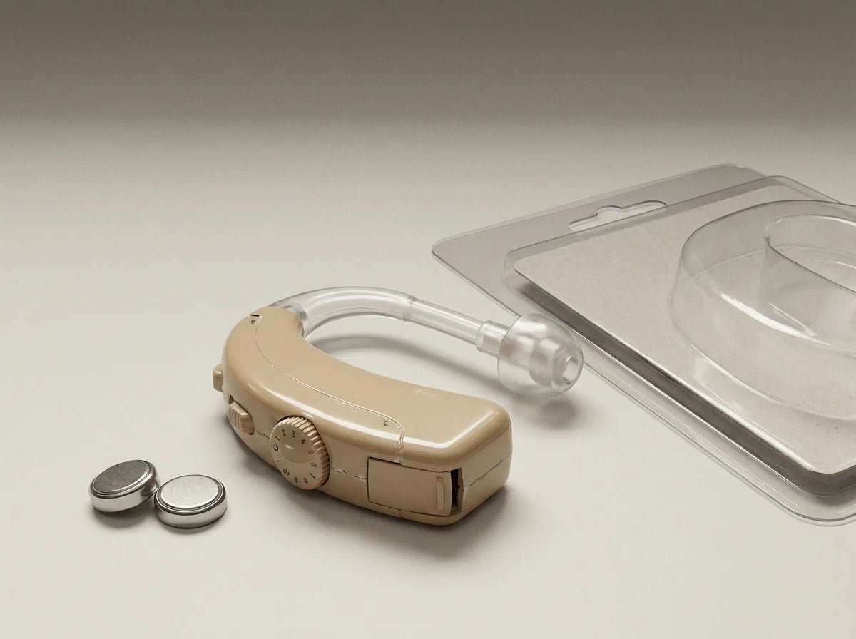 A generic beige over-the-ear amplifier, cheap-looking — contrast against the Auvio product.